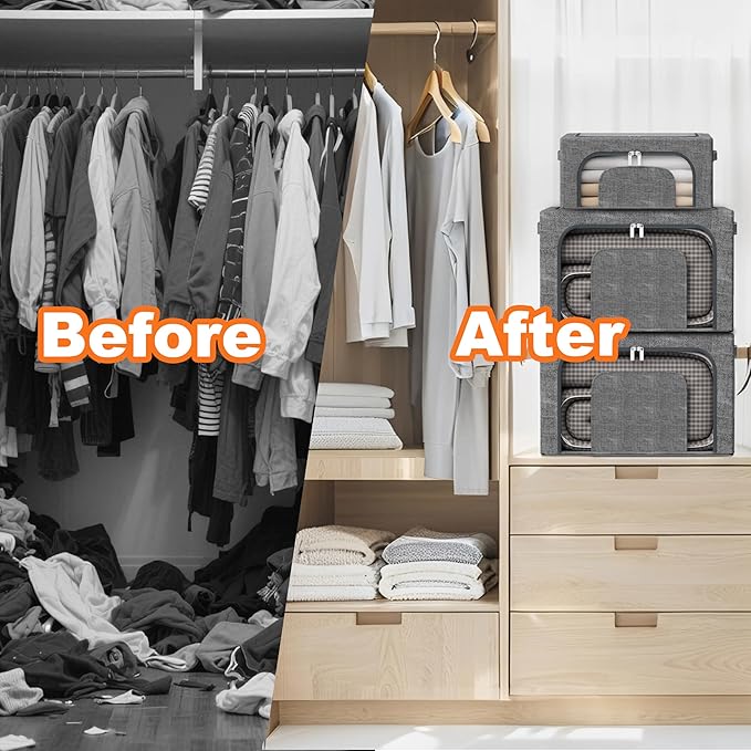 Stackable Clothes Storage Bins with Metal Frame, 4 Piece Stackable Clothes Organizer with Double Opening + Clear Window Design for Cabinets, Under Beds, Storage and Garage Gray 2 * 22 L + 2 * 64 L