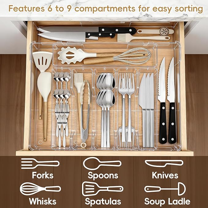 Expandable Silverware Organizers for Kitchen Drawer, Clear Utensil Drawer Organizer Tray, Adjustable Cutlery Flatware Holder for Spoon Fork Knife, Plastic Spatula Tools Gadgets Storage Divider