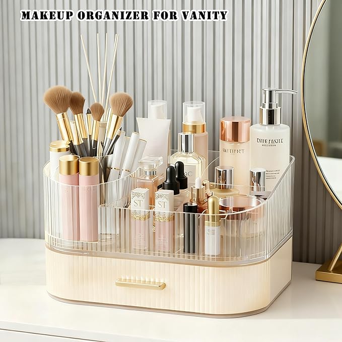 Makeup Organizer Countertop with 360 Rotating Brush Holder, Make Up Organizers For Vanity With Drawer, Bathroom Countertop Skincare Organizer And Storage