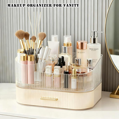 Makeup Organizer Countertop with 360 Rotating Brush Holder, Make Up Organizers For Vanity With Drawer, Bathroom Countertop Skincare Organizer And Storage