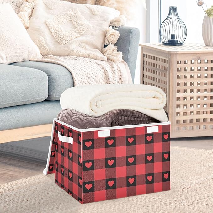 senya Valentines Storage Baskets Collapsible Storage Bins with Lids, Red Buffalo Check Gingham Love Heart Storage Boxes Clothes Baskets for Organizing