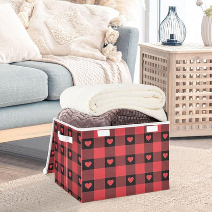 senya Valentines Storage Baskets Collapsible Storage Bins with Lids, Red Buffalo Check Gingham Love Heart Storage Boxes Clothes Baskets for Organizing