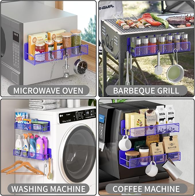 Magnetic Spice Rack for Refrigerator, 2 Pack 100% Metal Strong Magnet Shelf, Space Saving Spice Organizer W/ Hooks, Movable Magnetic Fridge Shelf, Kitchen Home Laundry Storage Organization,Purple Blue