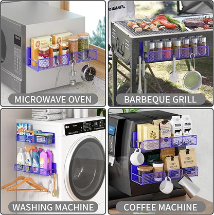 Magnetic Spice Rack for Refrigerator, 2 Pack 100% Metal Strong Magnet Shelf, Space Saving Spice Organizer W/ Hooks, Movable Magnetic Fridge Shelf, Kitchen Home Laundry Storage Organization,Purple Blue