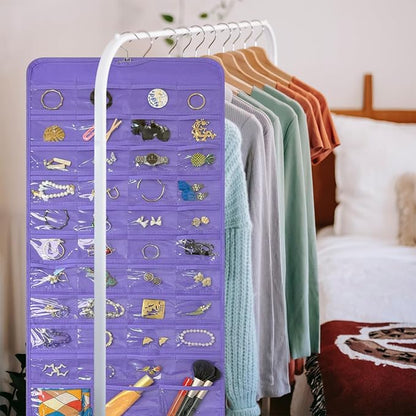 Bloss Hanging Jewelry Organizer With 90 Pockets,Earring Holder Organizer Storage For Valentine's Day Gift,Double-Sided Jewelry Holder for Earrings, Necklaces, Rings on Closet,Wall,Door(Purple)