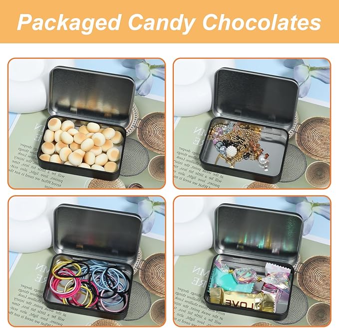 Metal Tins with Lids, Black Small Rectangular Hinged Box Container Portable Storage Case Organizer for Home Jewelry, Cosmetic Tools, Gifts Wrapping, Small Items