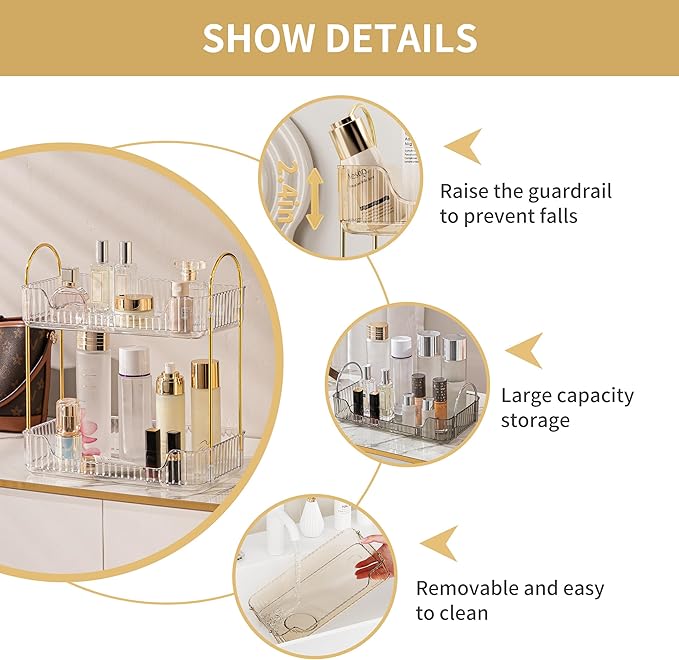 Akinbas 2 Tier Bathroom Organizer Countertop Makeup Perfume Tray Skincare Organizer for Bathroom Dresser Vanity (White)