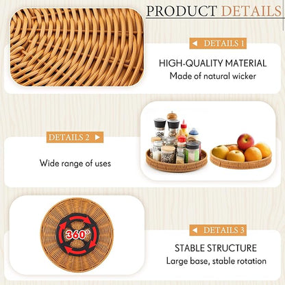 Reallnaive 12 Inch Lazy Susan Organizer, Rattan Round Turntable, Lazy Susan for Table Top, Wicker Tray Hand Woven, Wicker Plate Rotating Spice Rack for Kitchen Cabinet Countertop Storage Essential