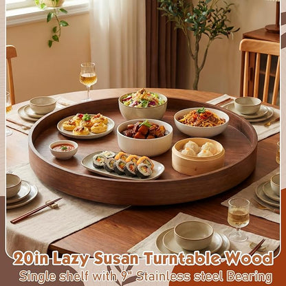 Leinuosen 20'' Walnut Wood Lazy Susan for Countertop Large Turntable Rotating Serving Tray for Table Top Non Skid Kitchen Tray Revolving Condiment Spice Rack for Table Organization Storage Supplies