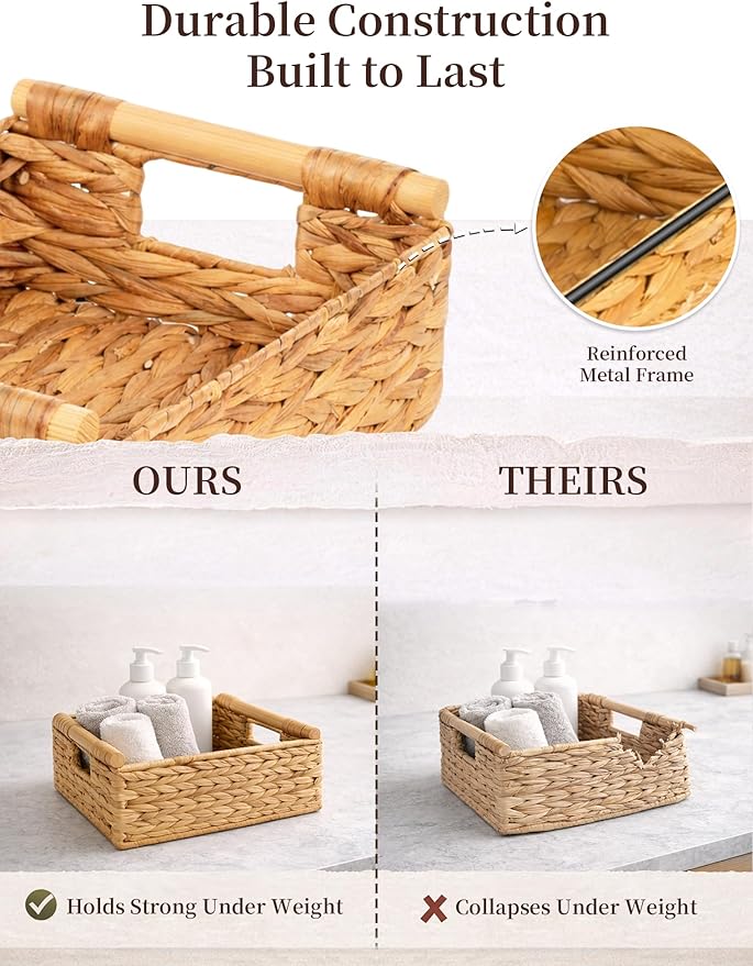 Water Hyacinth Wicker Basket, 13.39*9.45*4.65 Inch Woven Basket with Handles, Wooden Handles Wicker Storage Basket, Rattan Basket for Decorative Baskets, Pantry, Shelves, Gift, Toys - Medium