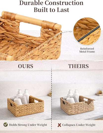 Water Hyacinth Wicker Basket, 13.39*9.45*4.65 Inch Woven Basket with Handles, Wooden Handles Wicker Storage Basket, Rattan Basket for Decorative Baskets, Pantry, Shelves, Gift, Toys - Medium