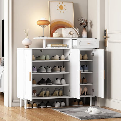 JIVOIT Shoe Cabinet with Adjustable Shelves and Drawer, Cream Style Storage Sideboard with Arched Doors, Solid Wood Legs, Wood Shoe Rack for Entryway, Living Room (White,164)