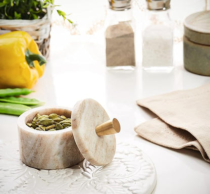 Queenza Marble Salt Cellar with Lid and Brass Knob (Brown)
