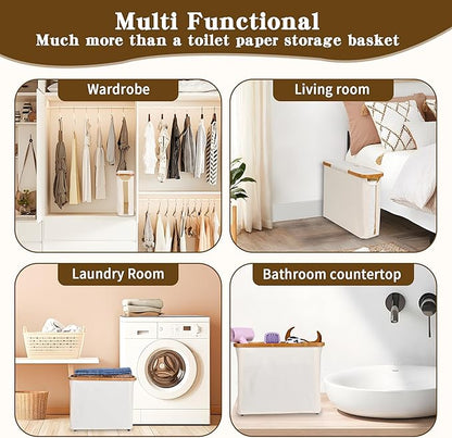 Toilet Paper Storage Basket with Lid - The Ultimate Bathroom Organizer, Free Standing Toilet Paper Holder for Up to 9 Mega Rolls, Toilet Tissue Storage Bin with Handle for RV Closet, Beige