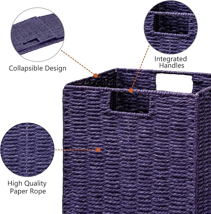 Vagusicc Wicker Storage Basket, Set of 2 Hand-Woven Paper Rope Wicker Basket, Foldable Cube Storage Bins, Square Large Storage Baskets for Organizing Shelves, Decor, Orange (13″×13″×13″)