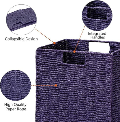 Vagusicc Wicker Storage Basket, Set of 2 Hand-Woven Paper Rope Wicker Basket, Foldable Cube Storage Bins, Square Large Storage Baskets for Organizing Shelves, Decor, Orange (13″×13″×13″)