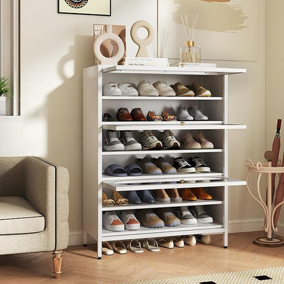 Foreate 6-Tier Entryway Shoe Storage Cabinet with 3 Flip-Up Glass Doors & Removable Shelf, 42” Metal Cabinet Shoe Rack Organizer for 18-24 Pair Shoes, Tall Freestanding Modern Shoe Cabinet-Glass Door