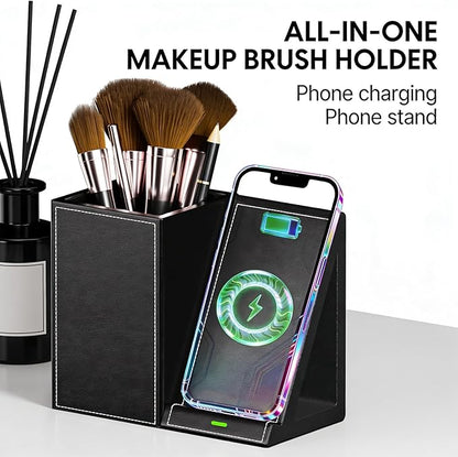 LADSTAG Leather Makeup Brush Holder Organizer with Phone Charging Stand, Makeup Organizers Countertop, Makeup Organization and Skincare Storage for Vanity, Desktop, Bathroom