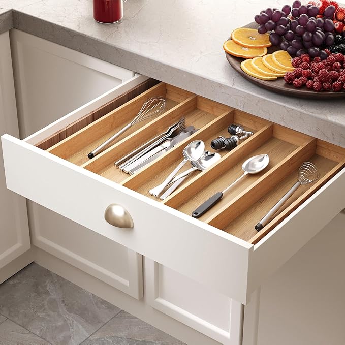 Fibogollo Expandable Kitchen Drawer Organizer,Bamboo Silverware Organizer,Adjustable Flatware Tray for Utensils(16.92 * 13.30~22.83 * 1.96)