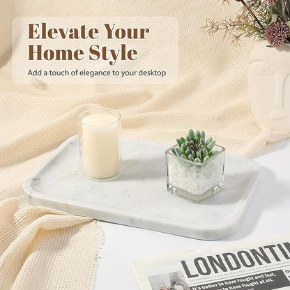 Koville Marble Tray, 12"x8" Bianco Carrara Marble Vanity Tray for Countertop Bathroom Kitchen Dresser, Decorative Catchall Trays for Perfume Jewelry, Rectangular Stone Serving Tray