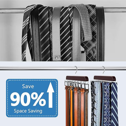2 Pack Tie Rack & Belt Hanger 2 in 1 Tie Hanger Space Saving Max 42 Belts& 60 Ties Capacity for Closet Organizers and Storage, Sturdy Wood Belt & Tie Closet Organizers and Storage