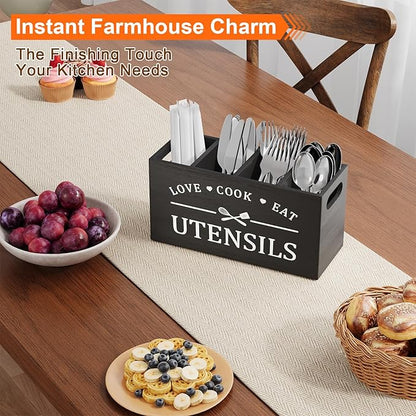 Extra Large Utensil Holder for Kitchen Counter with 4 Compartments, Kitchen Cooking Utensils Holder for Countertop,Black Wooden Utensil Caddy for Farmhouse Spatula,Cutlery,Wood Wall Mounted Organizer