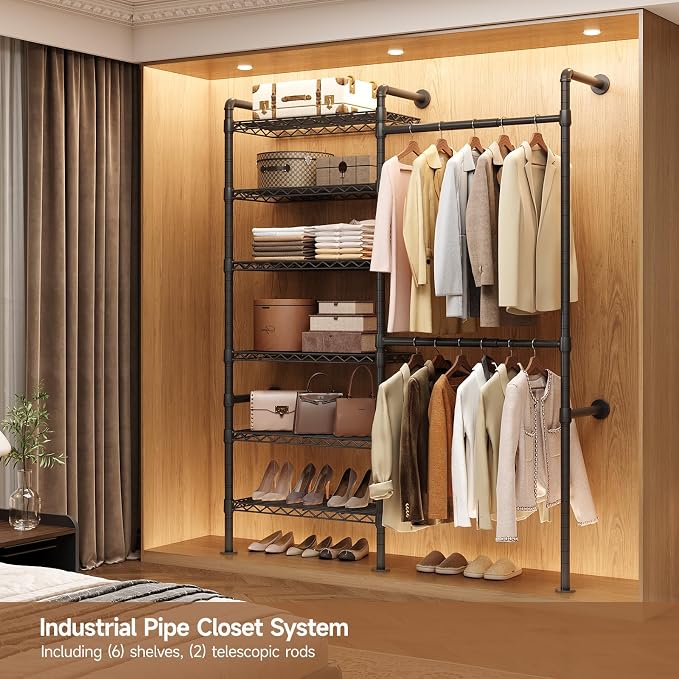 Wall Mounted Garment Rack, Walk-in Closet System with Expandable Rods, Adjustable Shelves, Industrial Pipe Clothing Racks, Hanging Clothes Organizers and Storage, Metal Closet Shelving Wardrobe