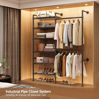 Wall Mounted Garment Rack, Walk-in Closet System with Expandable Rods, Adjustable Shelves, Industrial Pipe Clothing Racks, Hanging Clothes Organizers and Storage, Metal Closet Shelving Wardrobe