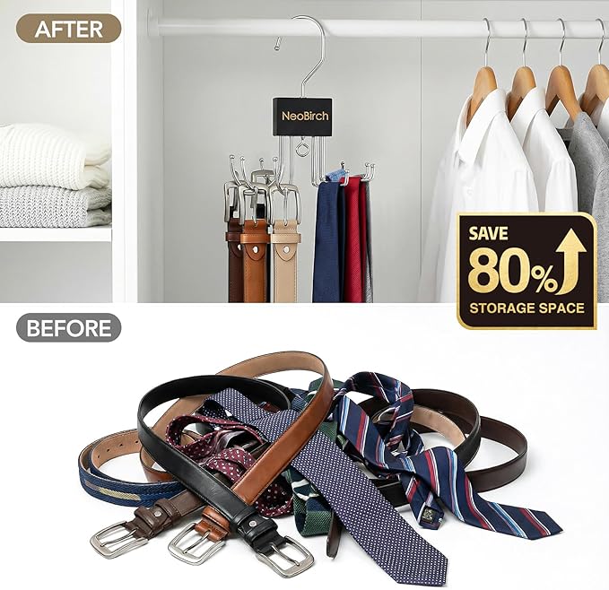 2 Pack Premium Tie and Belt Rack Hanger for Men for Closet Organizers and Storage Space Saving with 360° Rotating Hooks Anti-Slip Clips for Scarves,Hat,Baseball Caps,Tank Tops Bras (U-Shaped Hook)