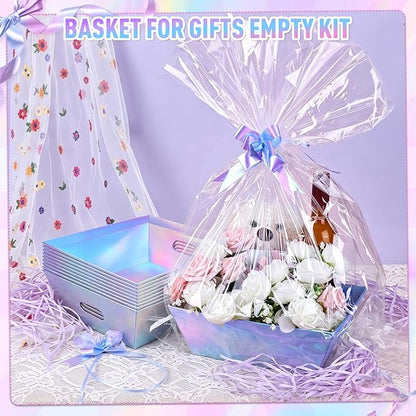AFOROEOA 10 PACK Laser Gift Baskets for Gifts Empty, 12x10x4” Holographic Iridescent Gift Basket Kit with 10 Bows & 10 Bags - Large Empty Gift Baskets to Fill for Christmas, Weddings, Birthdays, Holiday Gifting Hampers