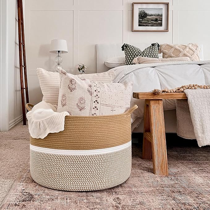CHICVITA XXL Extra Large Cotton Rope Woven Basket with Handles, Throw Blanket Storage Basket, Decorative Clothes Hamper - 22" x 22" x 14", Brown&White