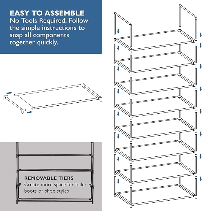 Sundaze Shoe Rack - 8 Tier Shoe Rack for Front Door Entrance, Sturdy Tall Shoe Organizer for Closet, Bedroom, Entryway, Garage, Non Woven Fabric Shelf, Black, Holds Up to 40 Pairs