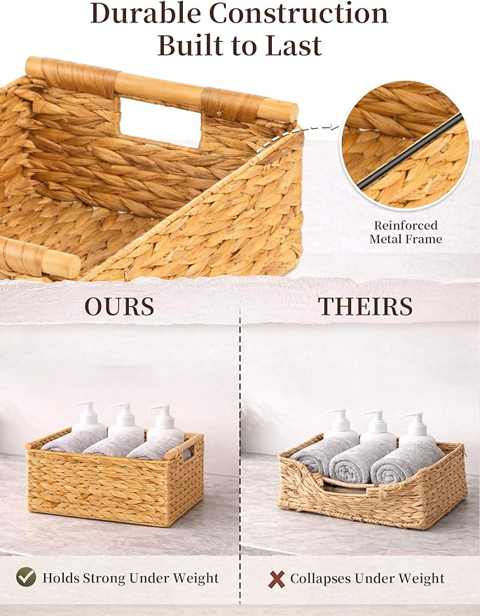 Water Hyacinth Wicker Basket, 15.43*11.02*6.3 Inch Woven Basket with Handles, Wooden Handles Wicker Storage Basket, Rattan Basket for Decorative Baskets, Pantry, Shelves, Gift, Toys - Large