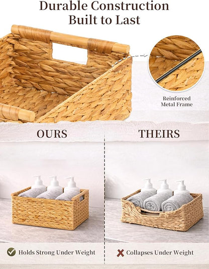 Water Hyacinth Wicker Basket, 15.43*11.02*6.3 Inch Woven Basket with Handles, Wooden Handles Wicker Storage Basket, Rattan Basket for Decorative Baskets, Pantry, Shelves, Gift, Toys - Large