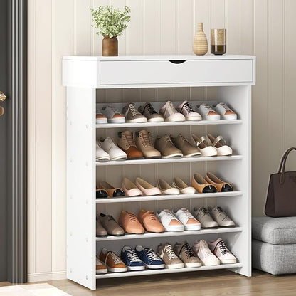 sogesfurniture 5-Tier Wooden Shoes Rack with Storage, Modern Free Standing Sturdy Shoe Rack Organizer (Holds 15-20 Pairs) for Entryway, Closets, Living Room, Hallway, Doorway (White)