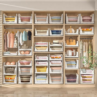 5 Packs Stackable Plastic Storage Basket for Closet Foldable Closet Organizers and Storage Bins for Shelves Storage Drawer Container for Clothes, Wardrobe, Pantry, 5L