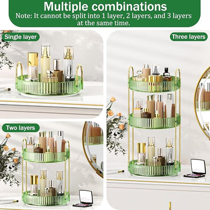 MOKANI 360 Rotating Makeup Organizer for Vanity, 3 Tier Adjustable Perfume Organizer for Dresser, Multi-Function Spinning Cosmetics Skincare Storage for Bedroom, Dresser, Countertop, Green
