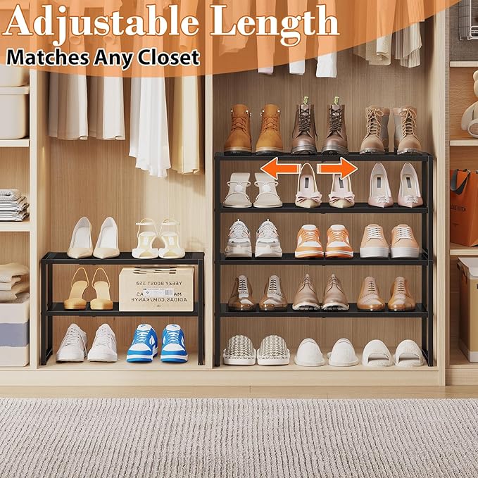 2 Tier Shoe Rack Organizer for Closet and Entryway, Expandable & Stackable Metal Shoe Storage Shelf, Adjustable Small Shoe Rack (17.52-28.74 in), Black
