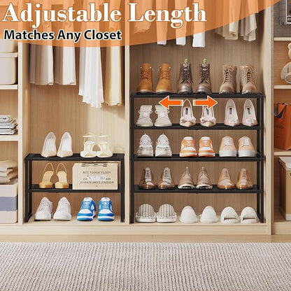 2 Tier Shoe Rack Organizer for Closet and Entryway, Expandable & Stackable Metal Shoe Storage Shelf, Adjustable Small Shoe Rack (17.52-28.74 in), Black
