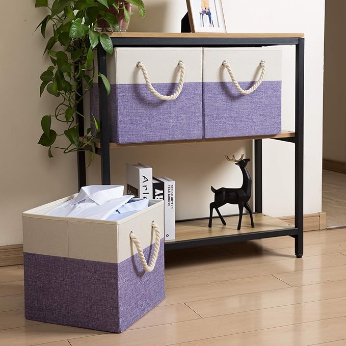 PRANDOM Large Foldable Cube Storage Bins 11x11 inch [4-Pack] Fabric Linen Storage Baskets Cubes Drawer with Cotton Handles Organizer for Shelves Nursery Closet Bedroom Purple