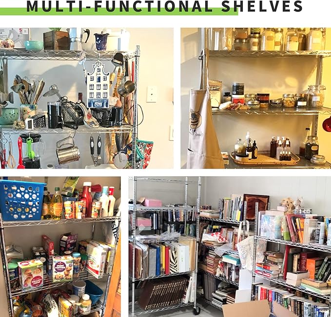 4 Tier Shelving Unit 62" H Adjustable Metal Shelves w/Wheels Heavy Duty Storage Shelf 1400Lb Capacity Garage Shelving Storage Wire Shelving for Kitchen, 36" L x 14" D x 62" H, Chrome
