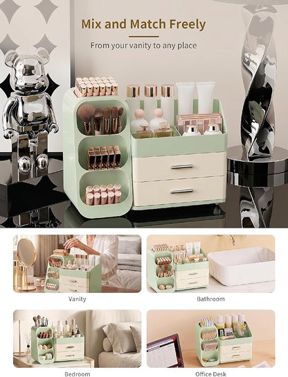 Booklov Makeup Organizer for Vanity, Large Capacity Cosmetic Display Case with Drawers, Countertop Beauty Storage Holder for Skincare, Brush Eyeliner Eyeshadow Lipsticks, Counter Desk, Cream Green