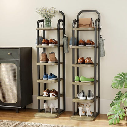 6 Tier Vertical Shoe Rack, Adjustable Shelves, Tall Wooden Narrow Shoe Rack with Hooks for Small Space Entryway Living Room