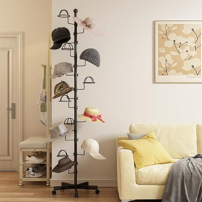 Hat Rack with 15 Circular Hooks Floor Hat Stand Freestanding Hats Rack Stand Adjustable Metal Hats Tree Organizer Rack Display Standing Suitable for Home Store Commercial, Black
