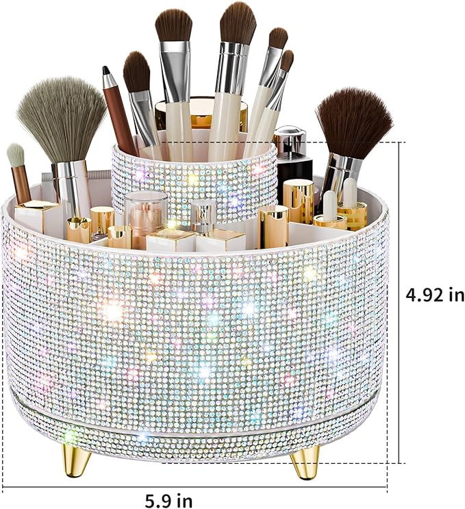 fanado Bling Diamond Makeup Brush Holder, 360° Rotating Makeup Organizer, 5 Slot Make up Brushes Cup for Countertop, Storage for Cosmetics Pen Eyeliner Skincare on the Vanity ((Diamond white AB)