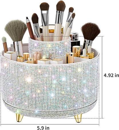 fanado Bling Diamond Makeup Brush Holder, 360° Rotating Makeup Organizer, 5 Slot Make up Brushes Cup for Countertop, Storage for Cosmetics Pen Eyeliner Skincare on the Vanity ((Diamond white AB)