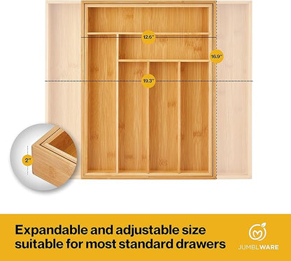 JumblWare Bamboo Expandable Drawer Organizer. Wooden Storage Tray with Dividers for Silverware, Kitchen Utensils, Spices, K Cups, Small Clothes & Makeup. Adjustable Sliding Design from 13” to 19.6”