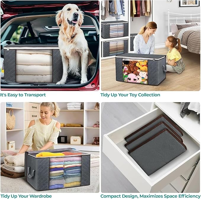 90L Large Storage Bags for Clothes,Blanket and Comforter, 6 Pack Foldable Clothes Storage Bins for Closet Organizer, Storage Containers with Handle, Storage Box