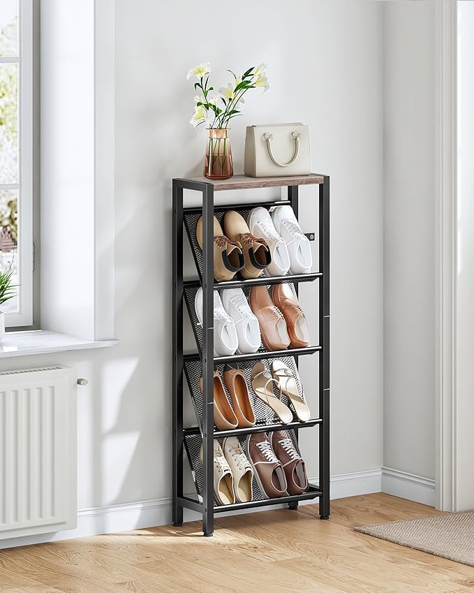 CHOEZON Shoe Rack, 5-Tier Slanted Shoe Rack, Narrow Shoe Storage Shelf, Slim Shoe Organizer for Entryway, Space-Saving, Wooden Top and Metal Frame, for Entryway, Hallway, Greige and Black TXJ03BG