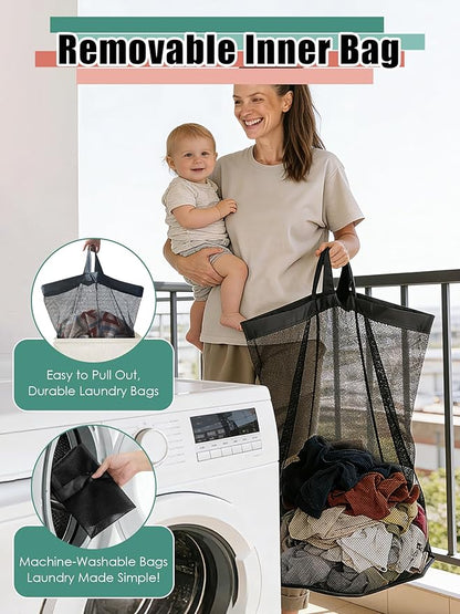 WTREE Laundry Hamper with Lid, Reinforced Sturdy Clothes Hamper with Anti-Puncture Base, Large Collapsible Laundry Basket with Removable Liner Bag, Tall Dirty Clothes Bin for Family, 100L Cream